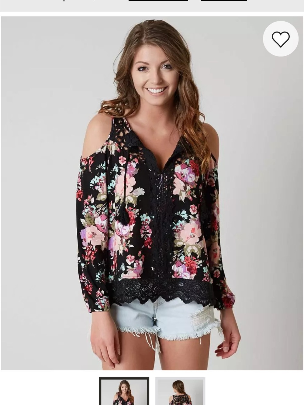 BKE Black Floral Cold-Shoulder Lace Trim Top